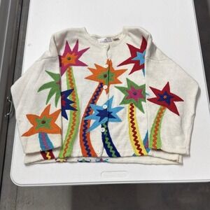 Jane's Closet Cardigan Womens XL Cream Excellent Embroidered Palm Tree Novelty